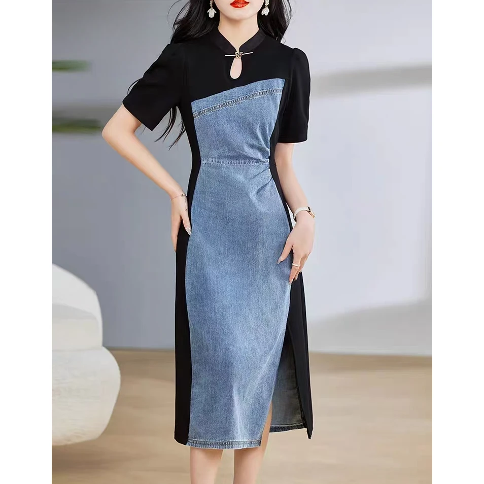 5239 夏季时尚撞色拼接修身显瘦复古开叉气质牛仔连衣裙Man