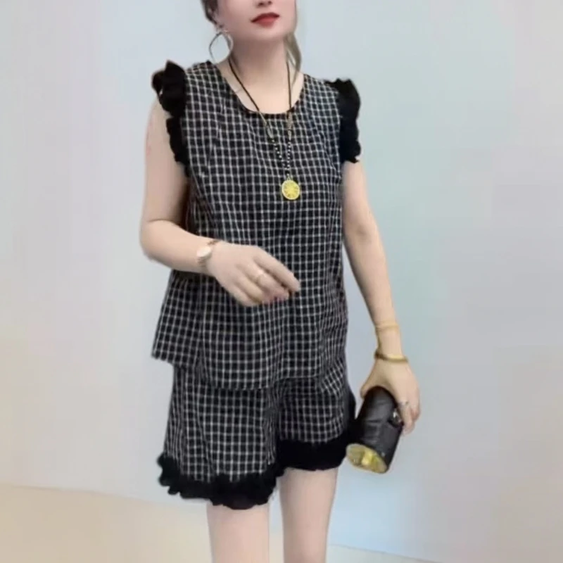 轻奢推荐夏季新款大码女装时尚蝴蝶结双面套头上衣搭配短裤套装