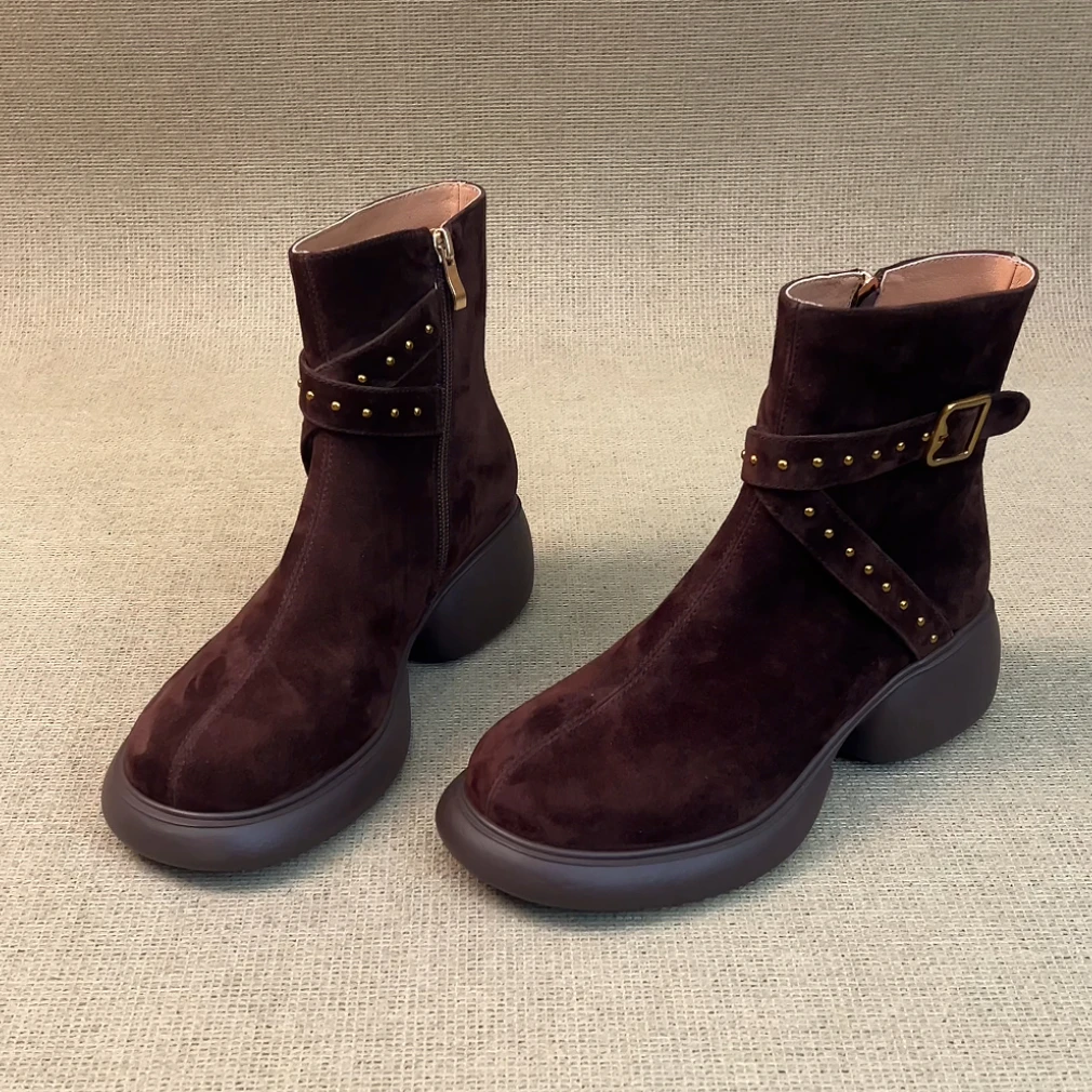 RubyL/5.5cm设计感时尚百搭铆钉皮带扣侧拉链圆头厚度西部靴女款