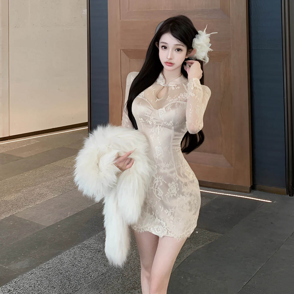 秋冬新款复古新中式风气质修身收腰显瘦优雅连衣裙长袖包臀短裙女