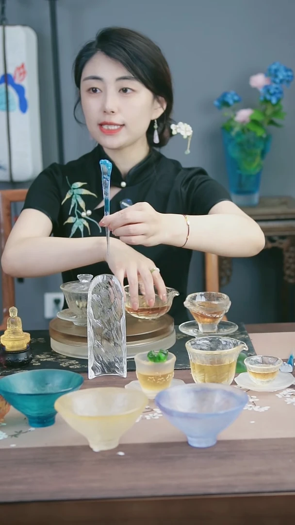 琉璃手工艺品古法琉璃飘蓝色调茶匙茶置小摆件