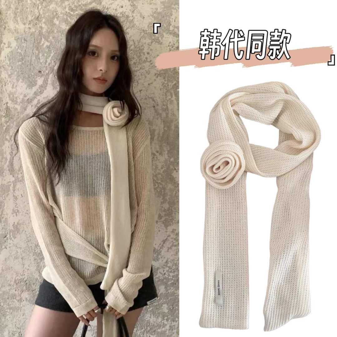 韩系ins氛围感细条围巾女长条针织窄版护颈小围脖玫瑰花装饰搭配