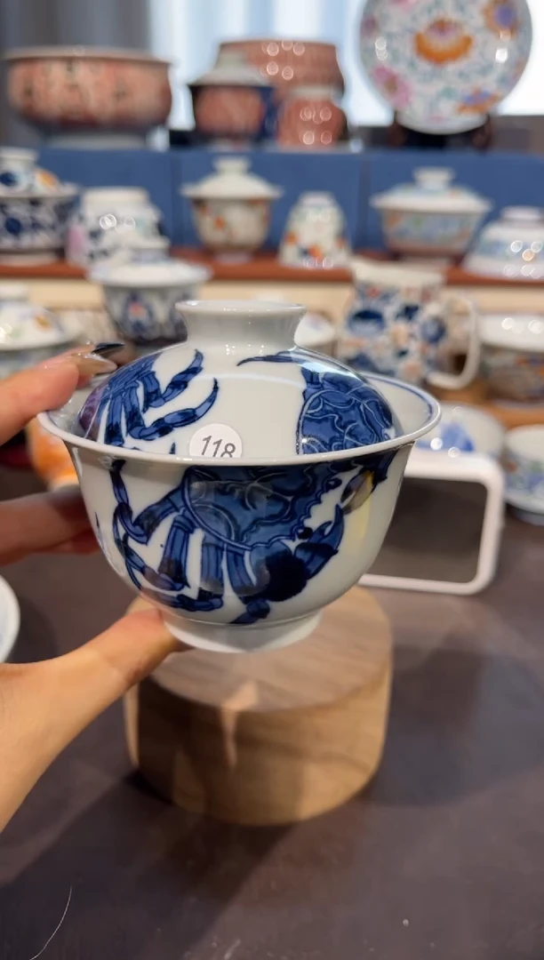 【闪购商品】杯118青花螃蟹盖碗微瑕