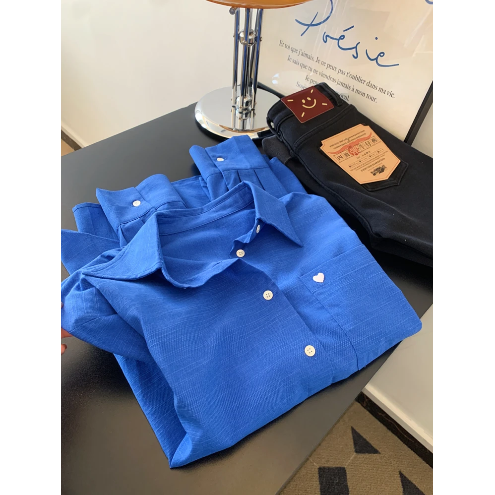 蓝色爱心刺绣设计感长袖衬衫2025新款爆款洋气高级感女士气质上衣