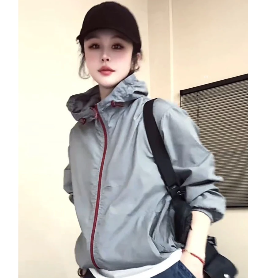 时尚撞色双面穿连帽防晒外套女春季新款休闲宽松显瘦上衣