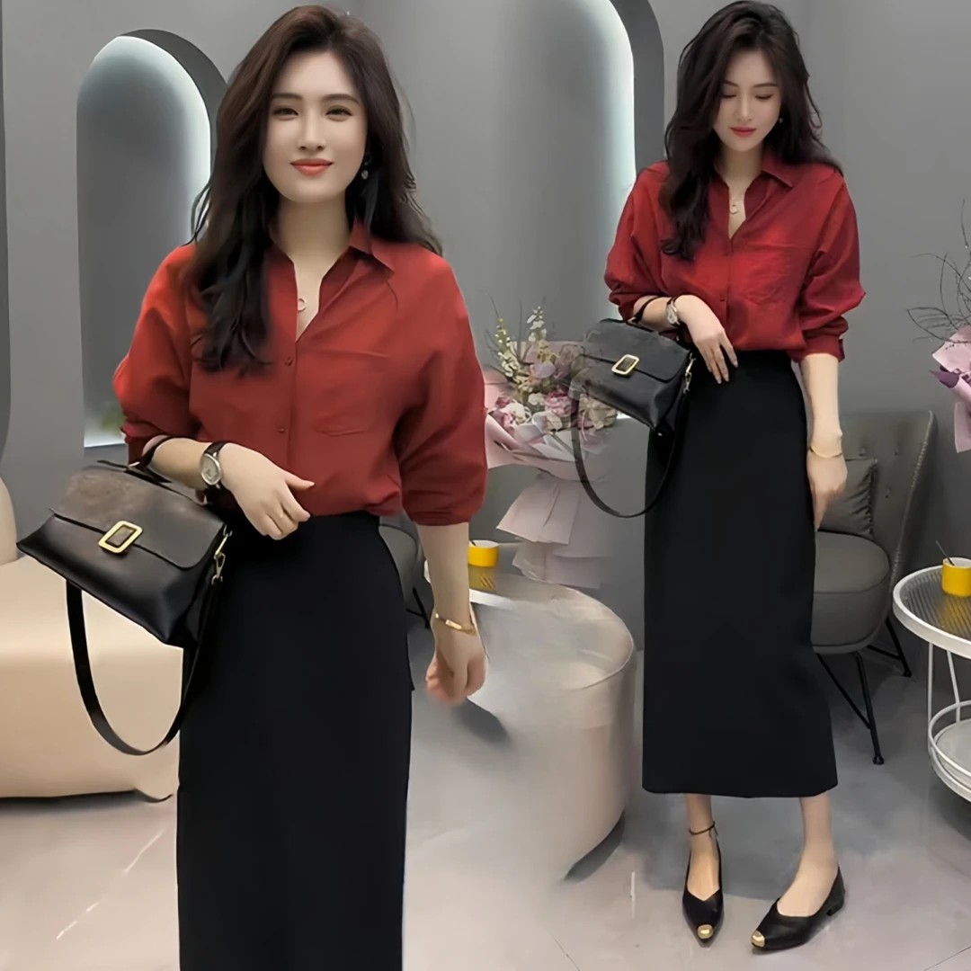 拉夏贝尔时尚气质衬衫2025早秋新款气质女长袖衬衣半身裙两件套装