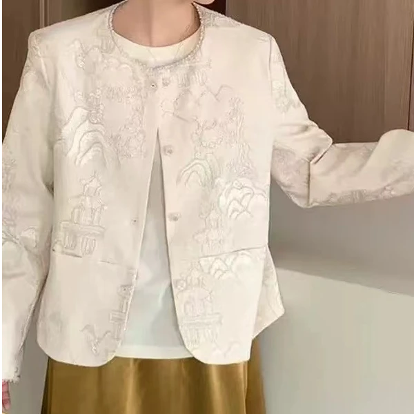 2025年春装新款流行女装新中式外套上衣麻料刺绣宽松显瘦洋气减龄