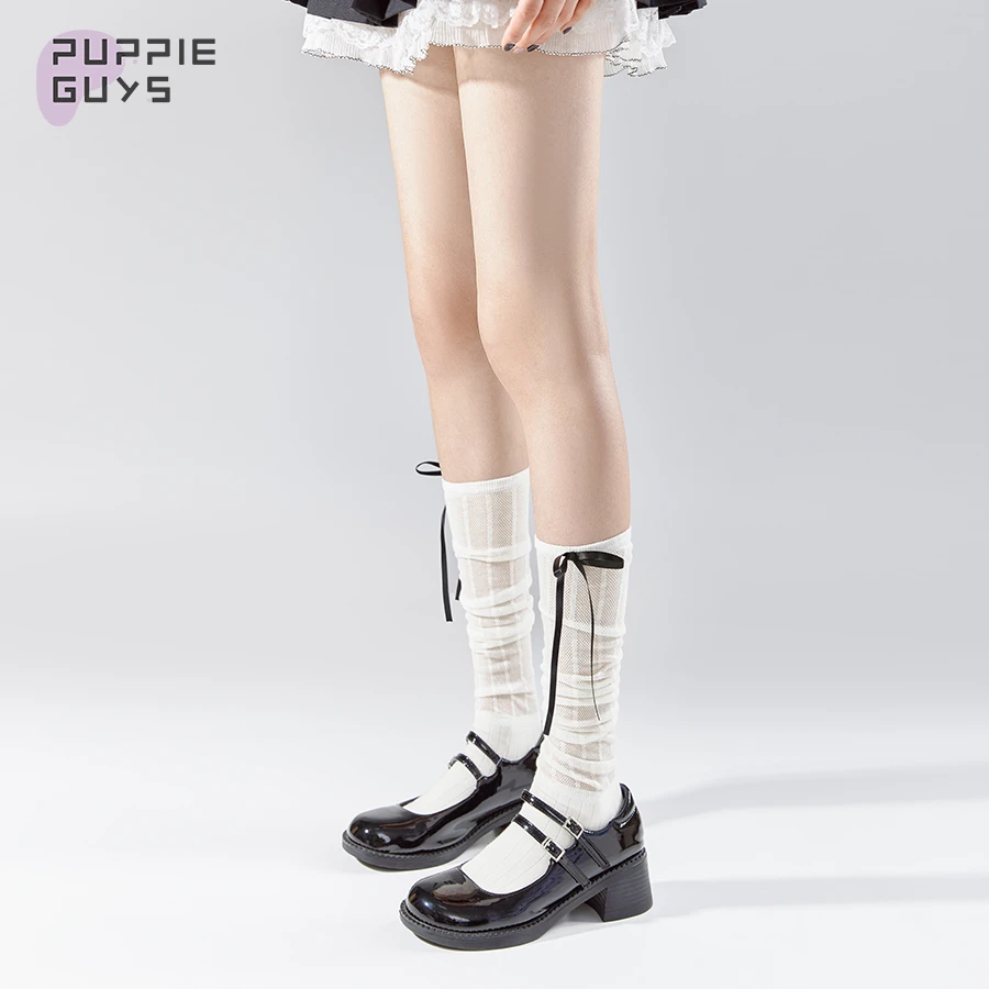purpleguys白色小腿堆堆袜子少女夏季薄款网眼透气蝴蝶结jk芭蕾风