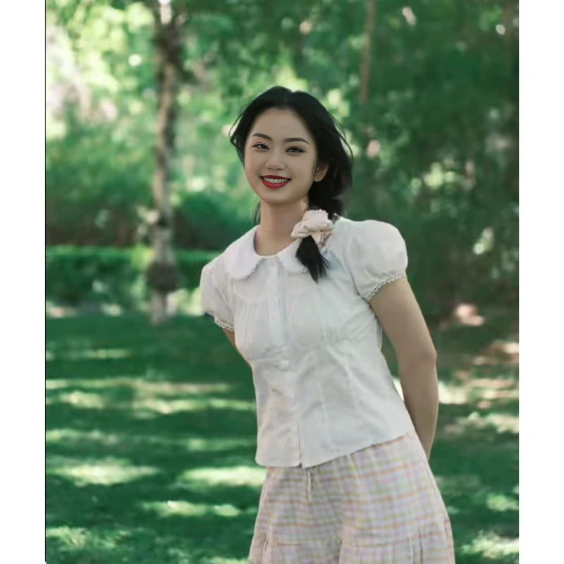 2025夏季新款娃娃领衬衫短袖女修身小众甜美复古韩版白色甜妹上衣