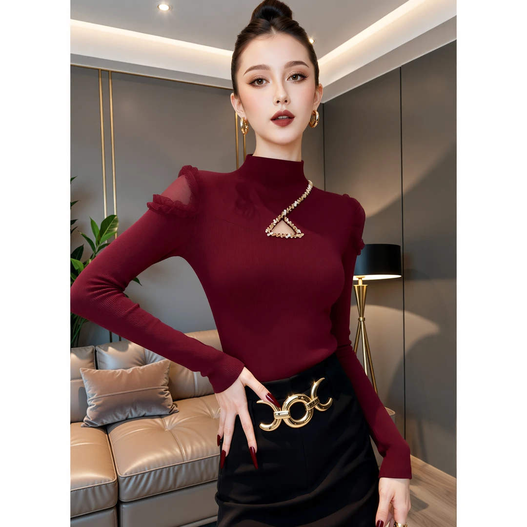 NY#性感镂空钉珠半高领毛衣女秋冬修身时尚拼接长袖针织衫A449H