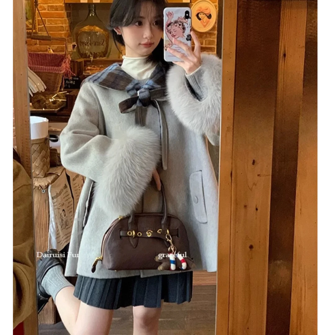 新款韩系赫本风夹棉大码海军领毛呢过冬风衣外套