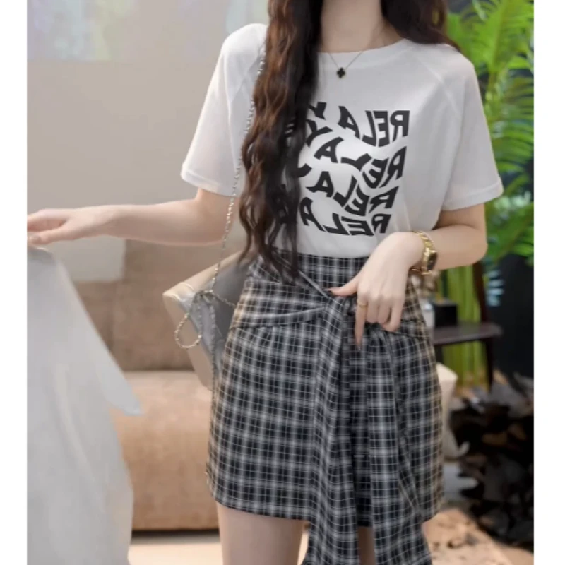 【月华浮梦】2025夏季新款字母T恤+格子半身裙两件套LK2502721
