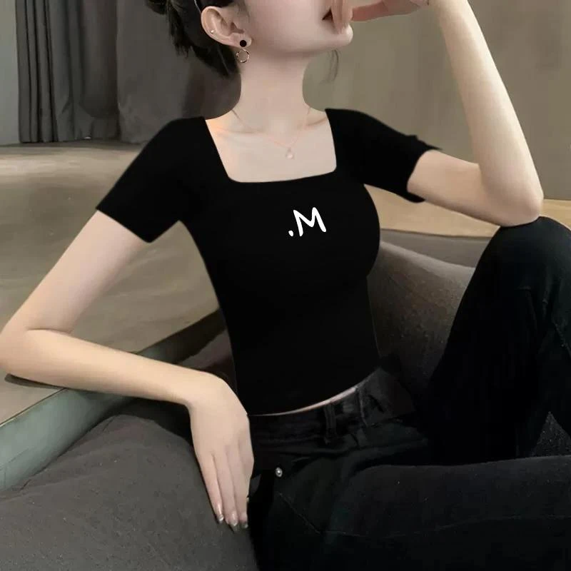 黑色短袖t恤女印花方领2025年新款修身显瘦洋气设计感小众上衣ins