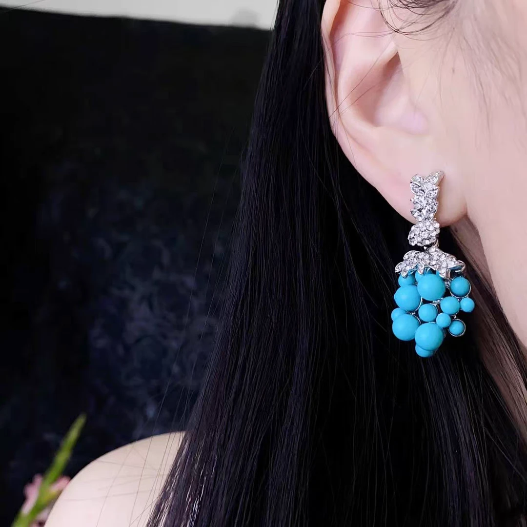 铜合金珐琅耳饰 法式国风中式蓝色松松闪钻通勤旗袍度假--耳环