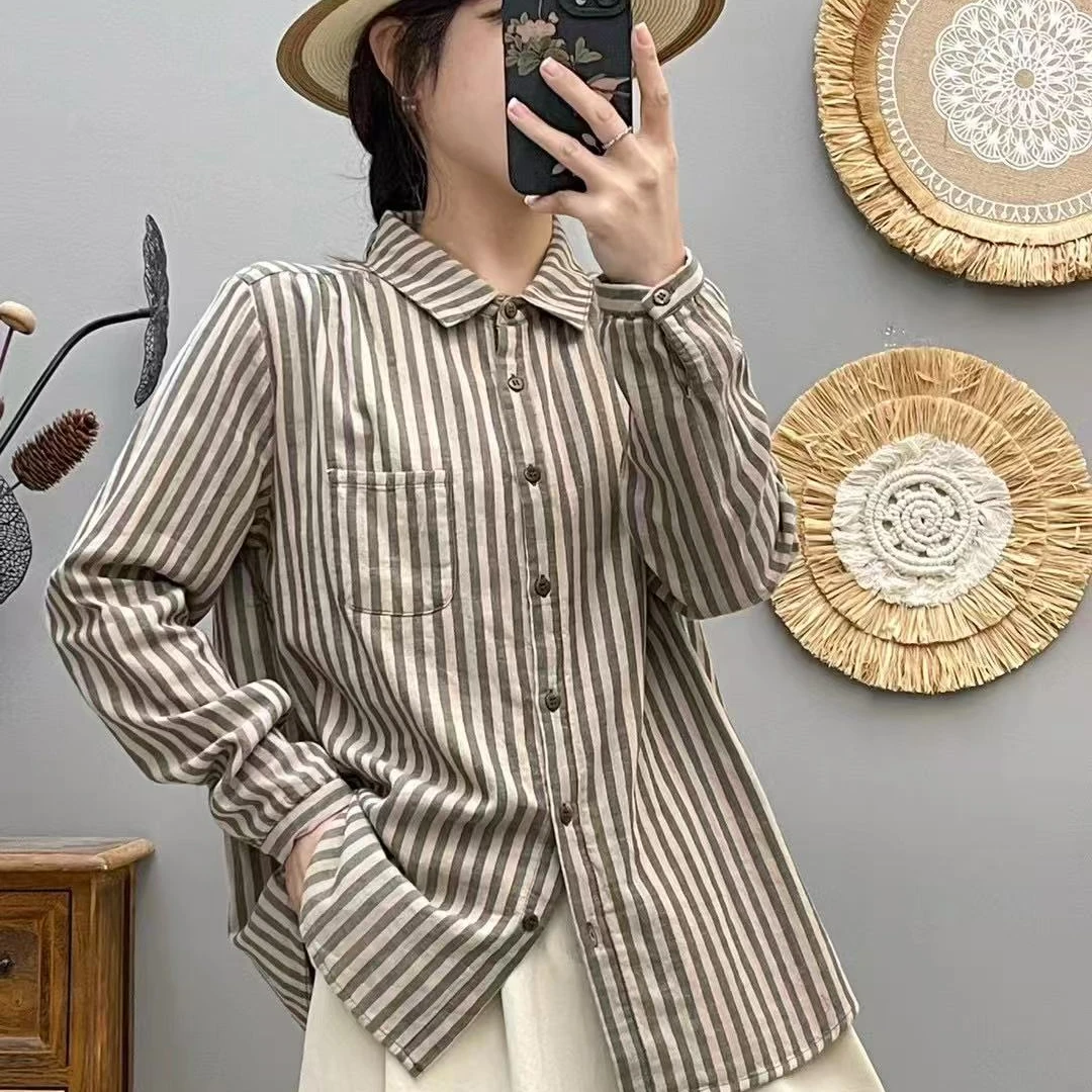 2025春款衬衫条纹学院风双层棉纱衬衣慵懒风衬衣宽松休闲上衣新款