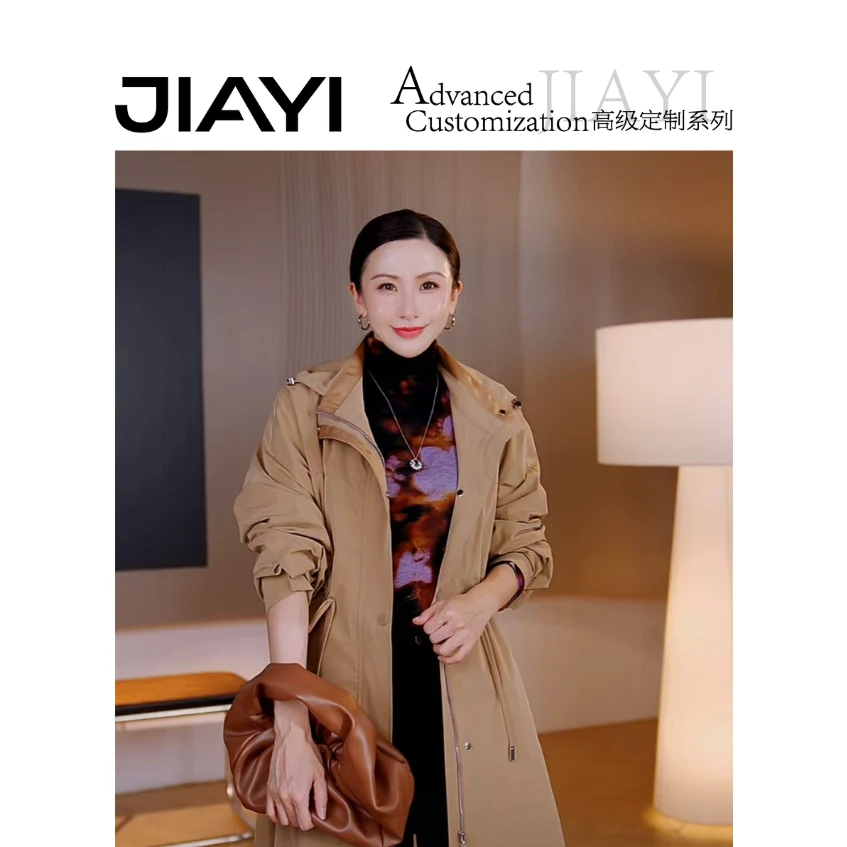 【JAIYI】短款风衣外套秋季时尚休闲收腰连帽中长款上衣 JY-3009