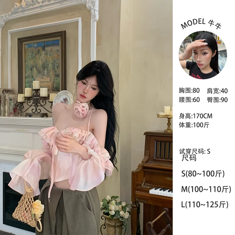 牛牛【桃花岛】牛牛春夏法式荷叶边雪纺气质一字肩鱼骨上衣N25B1610