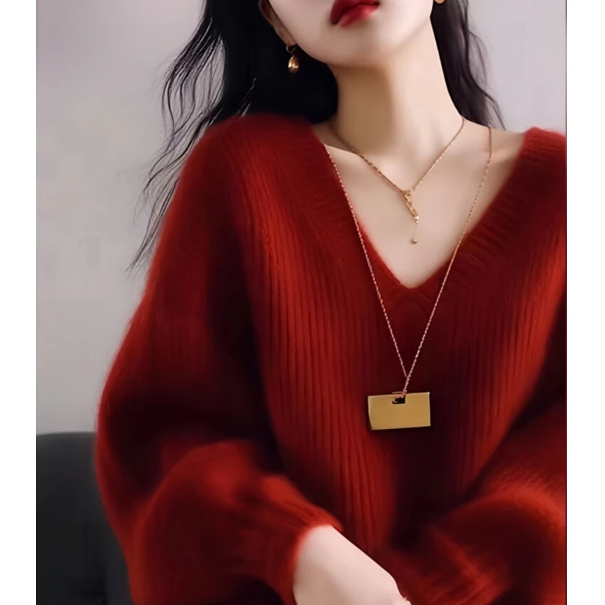 慵懒加厚冬季深秋领上衣年毛衣穿搭针织新款女2025安可拉红V初跨