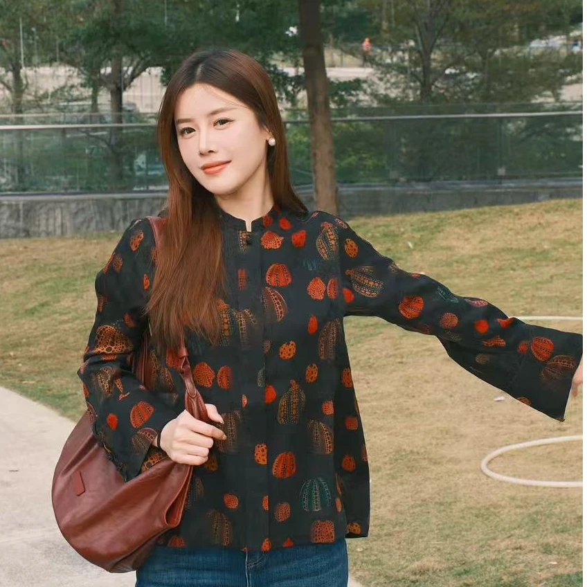 QIANYUE|新中式经典桑蚕丝黑红搭配南瓜印花圆领衬衫国风女