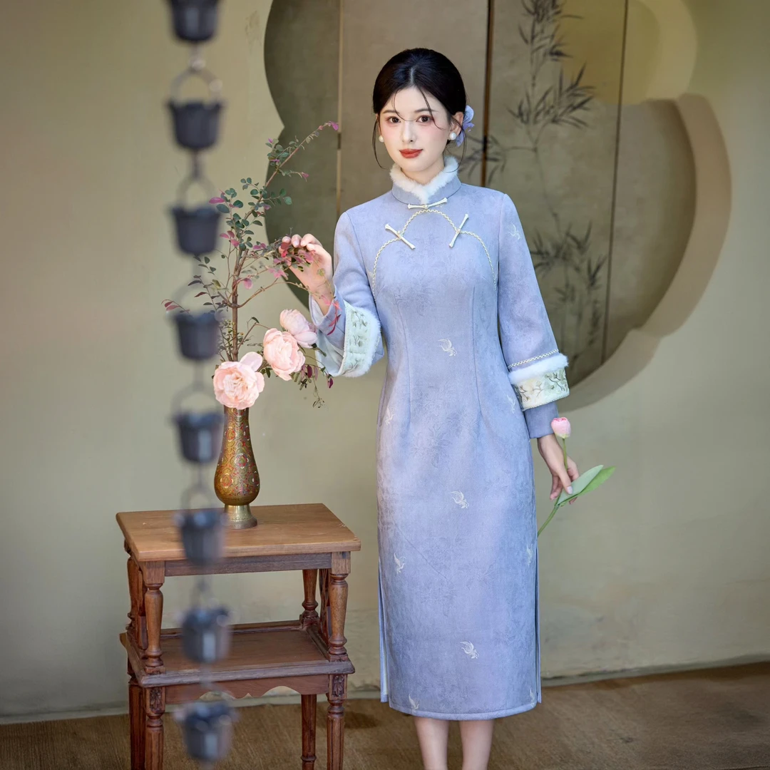 苏故里【星河鹭起】新款冬季加绒修身显瘦气质改良新中式旗袍中长