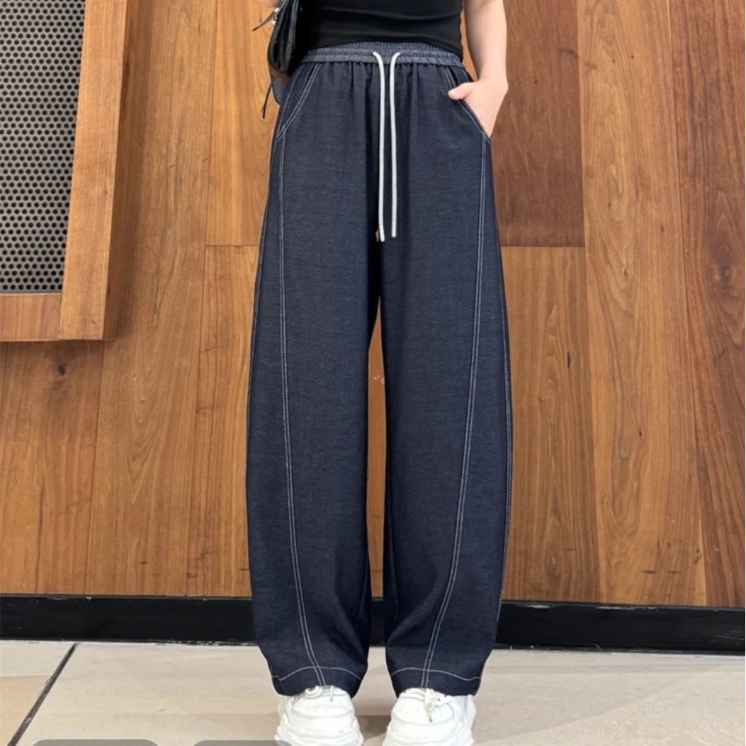 秋季新款撞色腰牛仔裤上紧下宽的裤子百搭8050