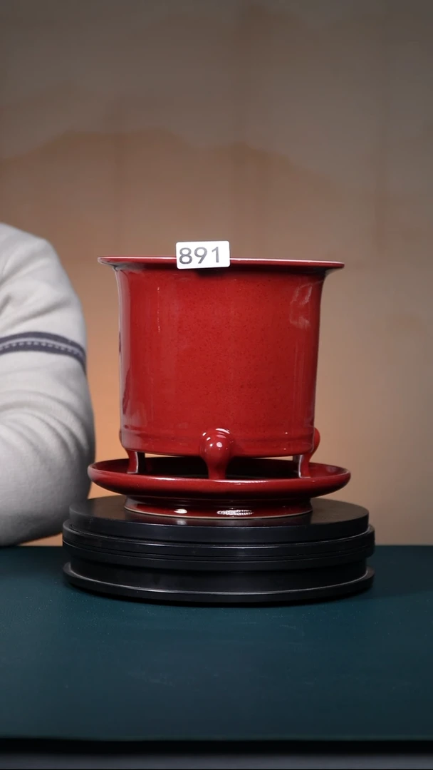 其他瓷精品891号钧红釉三足盆套装  口径20高18