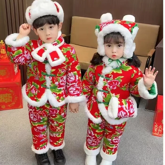 套装童装秋冬冬季东北大花袄儿童套装中国风唐装棉袄