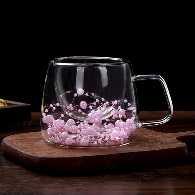 高级感干花双层玻璃水杯高硼硅耐热咖啡杯高颜值珍珠花朵玻璃水杯