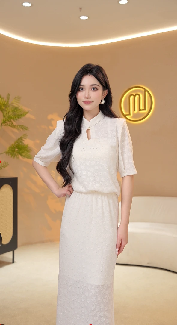 QH80178新中式盘国风套装烫钻上衣半身裙两件套