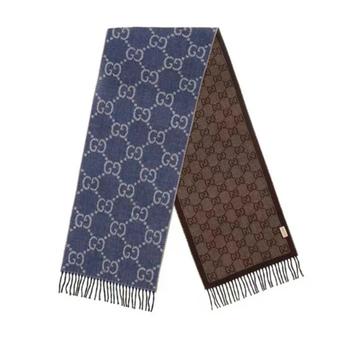GUCCI/古驰双G提花针织流苏绒线围巾 蓝色 ma