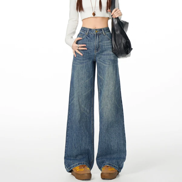 PVJ宽松直筒牛仔裤女春秋季复古水洗高腰低腰显瘦阔腿裤子女士