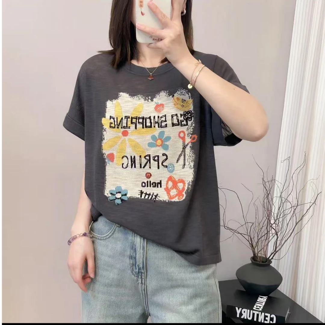 女士韩版宽松薄款字母花朵剪刀圆领印花上衣潮流夏季时尚t恤女装