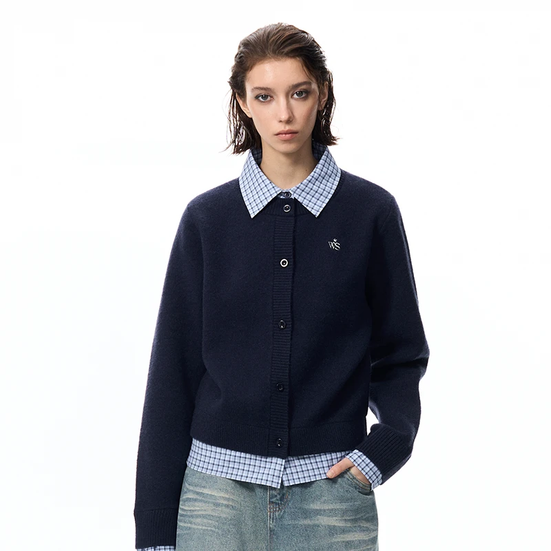 WORKSOUT格子假两件毛衣简约百搭休闲翻领春秋开衫长袖