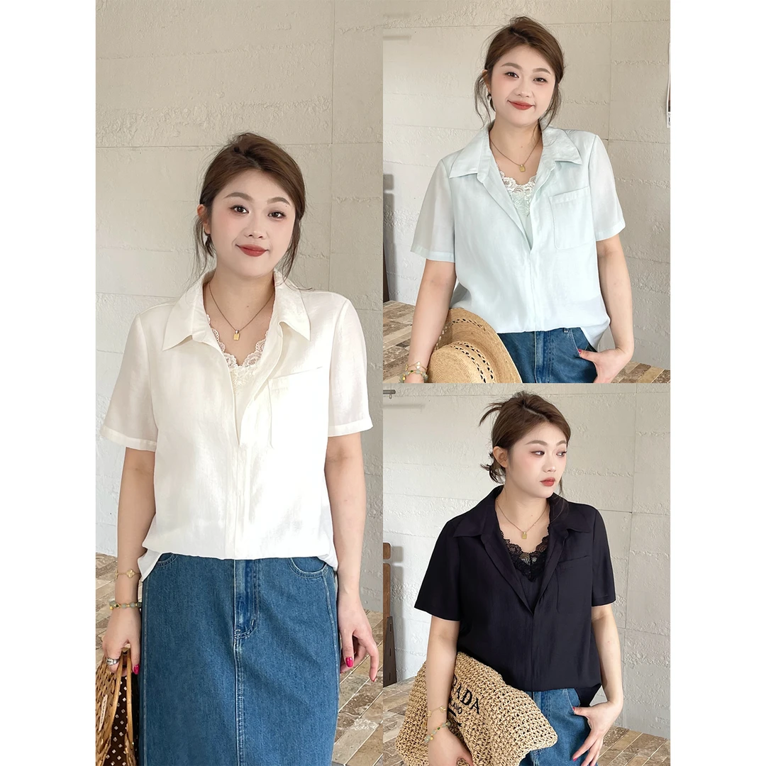 裂渡宣宣【温柔加分项】微胖大码女夏时尚假两件短袖衬衫ZY505A71