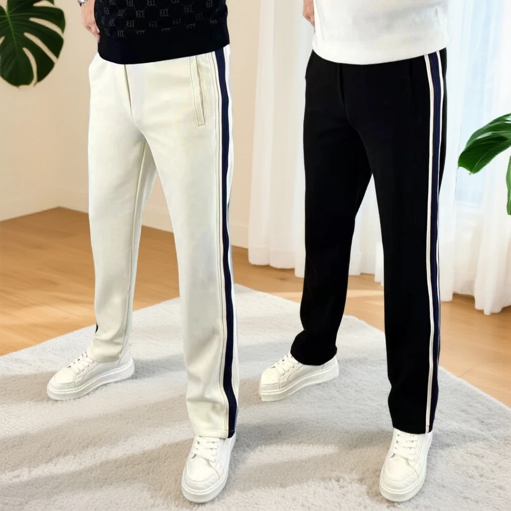 秋冬加绒长裤男士休闲裤时尚织带宽松阔腿裤条纹百搭舒适直筒欧货