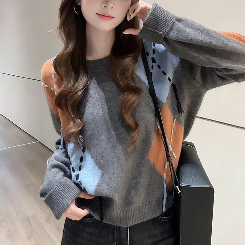 复古洋气设计感小众慵懒风宽松套头拼色菱格针织毛衣