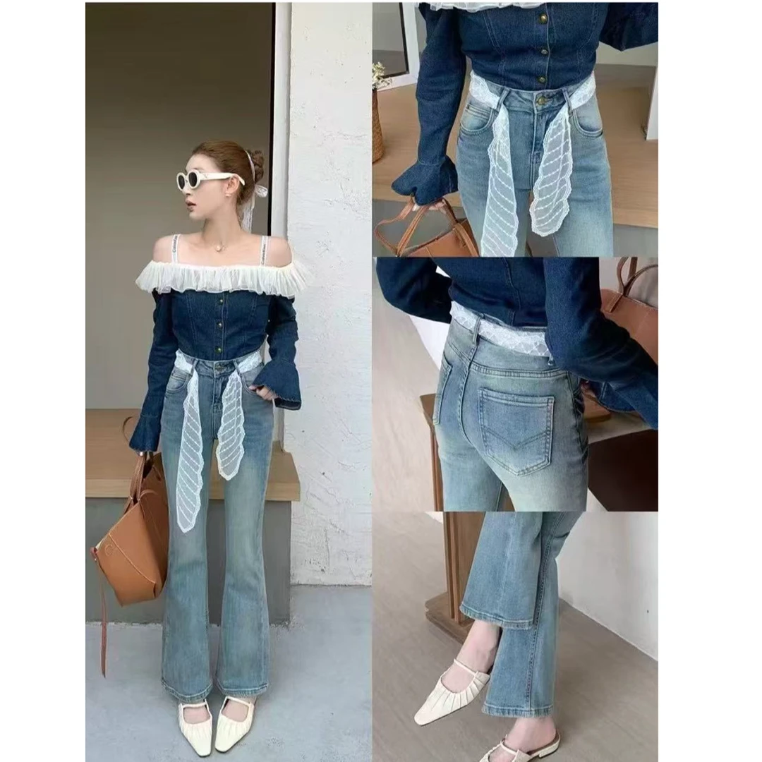 【锦衣服饰】QQ 91095高腰弹力显瘦牛仔微喇裤