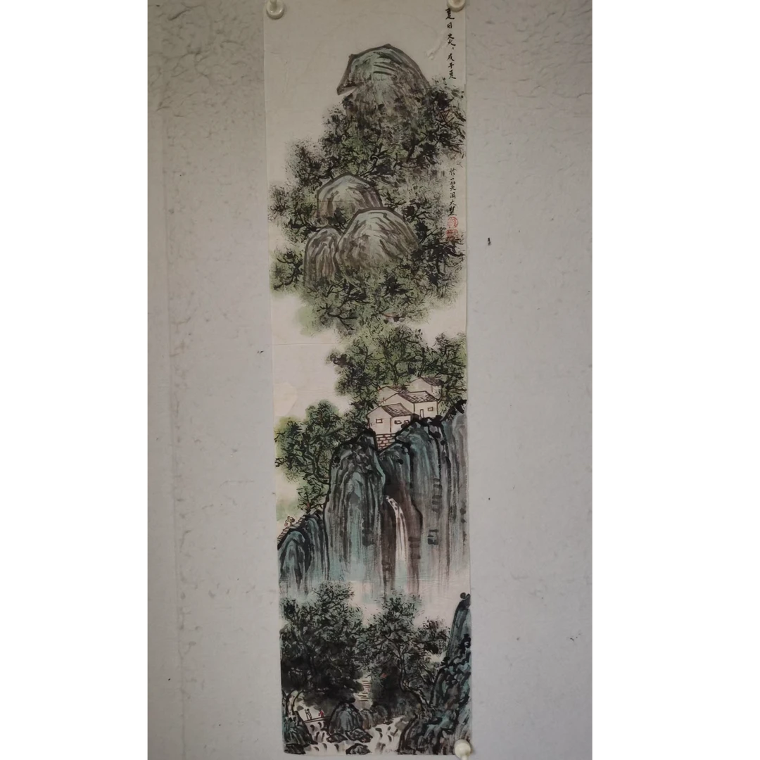 4401  多年前纯手绘老字画《山水》中堂  尺寸 137×34