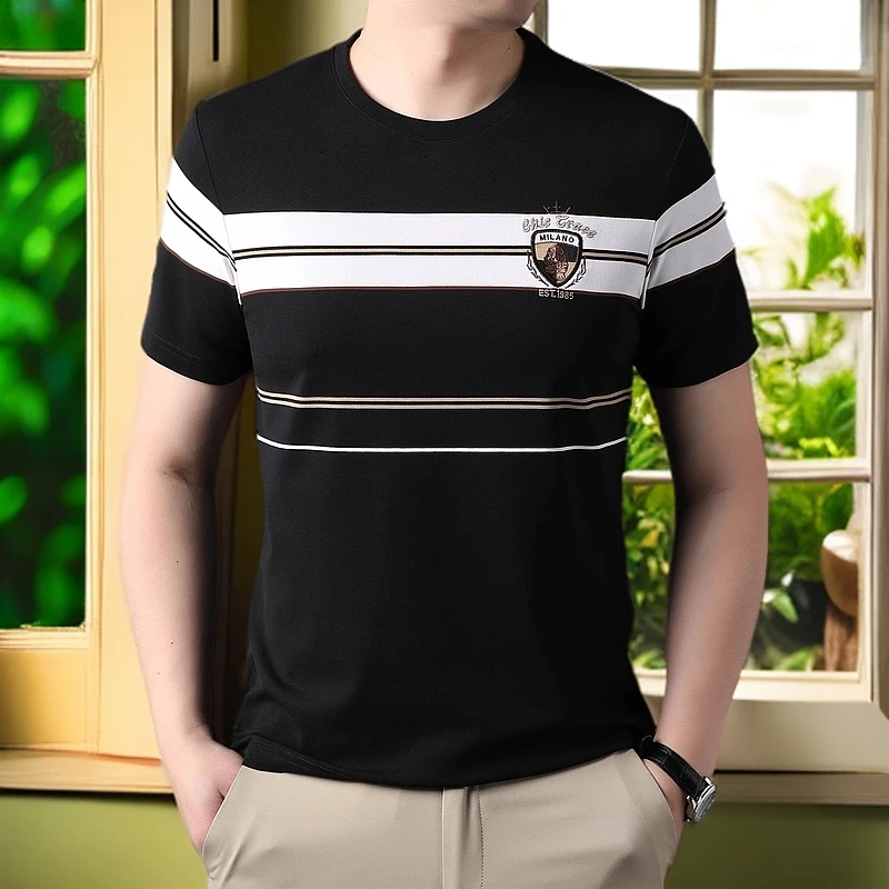 博利凯葆碟夏季刺绣商务休闲上衣薄款透气圆领宽松短袖T恤男士