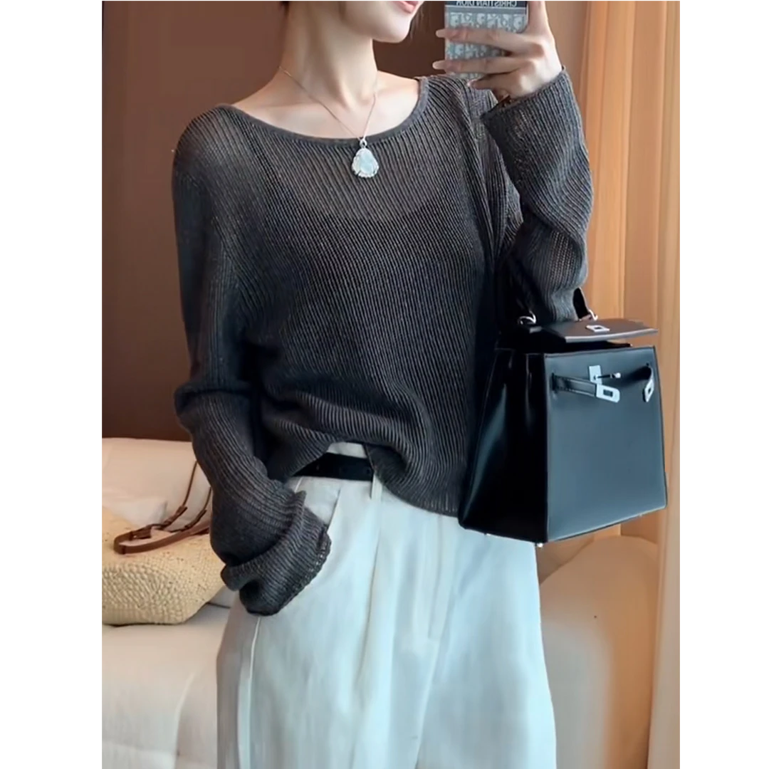 深灰色条纹圆领长袖针织衫女2025年韩系新款早秋通勤百搭显瘦上衣