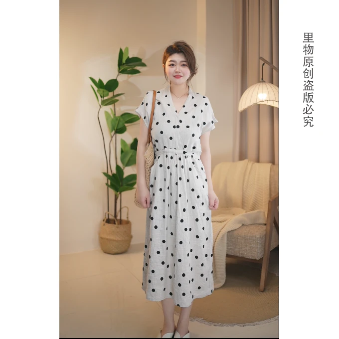 liwu里物出品汉麻法式风波点刺绣气质夏季连衣裙系带女装中长款