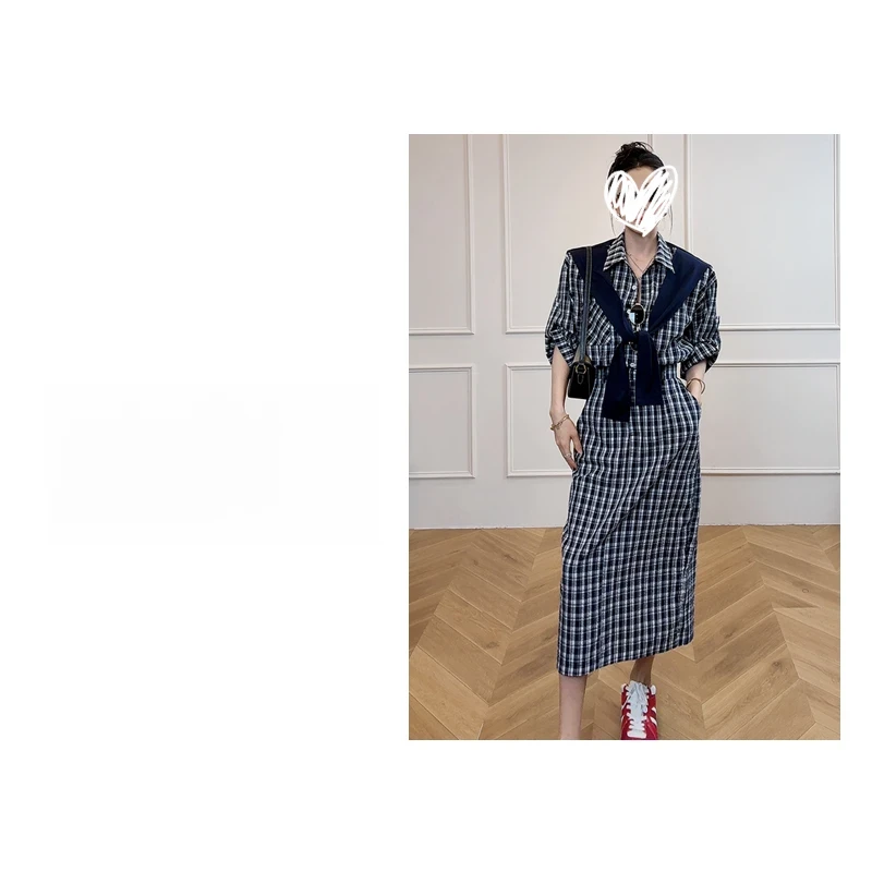 时尚长款韩版气质撞色拼接披肩收腰洋气衬衫连衣裙 2025夏季复古