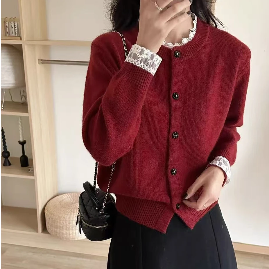 FUJIA STYLE新款气质休闲韩版简约圆领长袖拼接蕾丝毛衣A0205