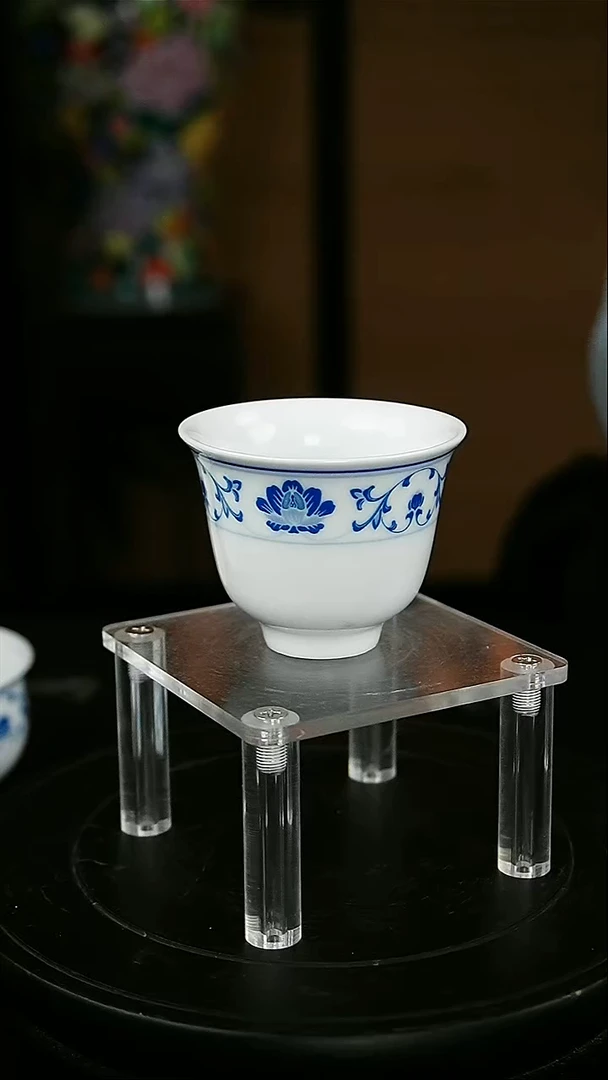 釉中彩蓝牡纹高白泥花神杯60CC