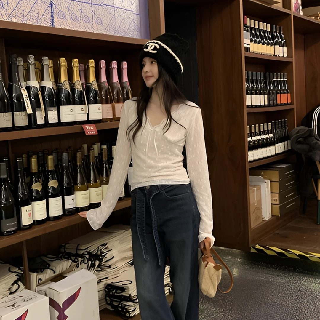 【现货】纯欲甜辣风蕾丝V领蝴蝶结T恤2024绝美内搭加绒长袖打底衫