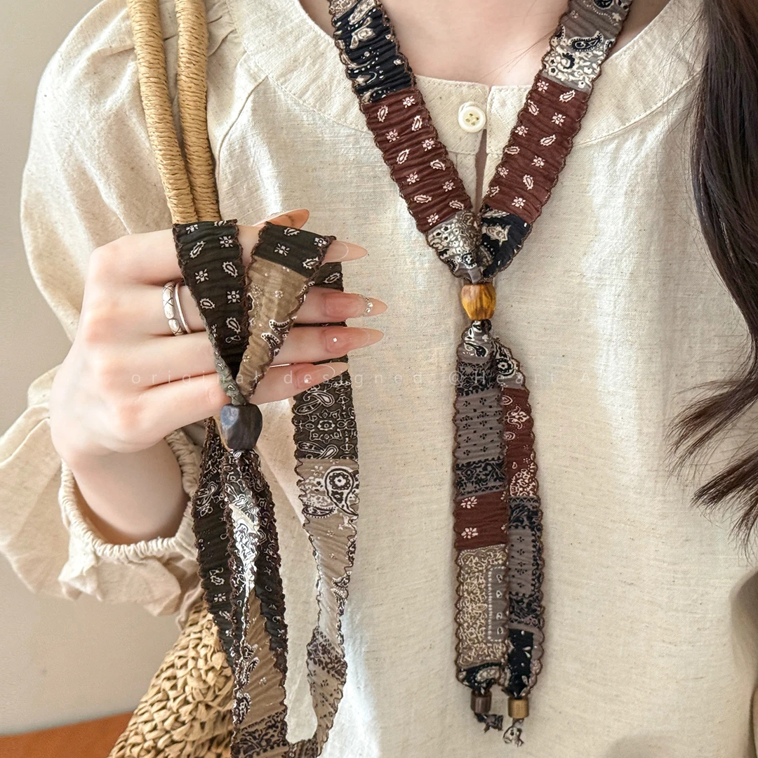 非金属布艺项链 复古腰果花丝巾项链早秋长款可抽拉美拉德毛衣链