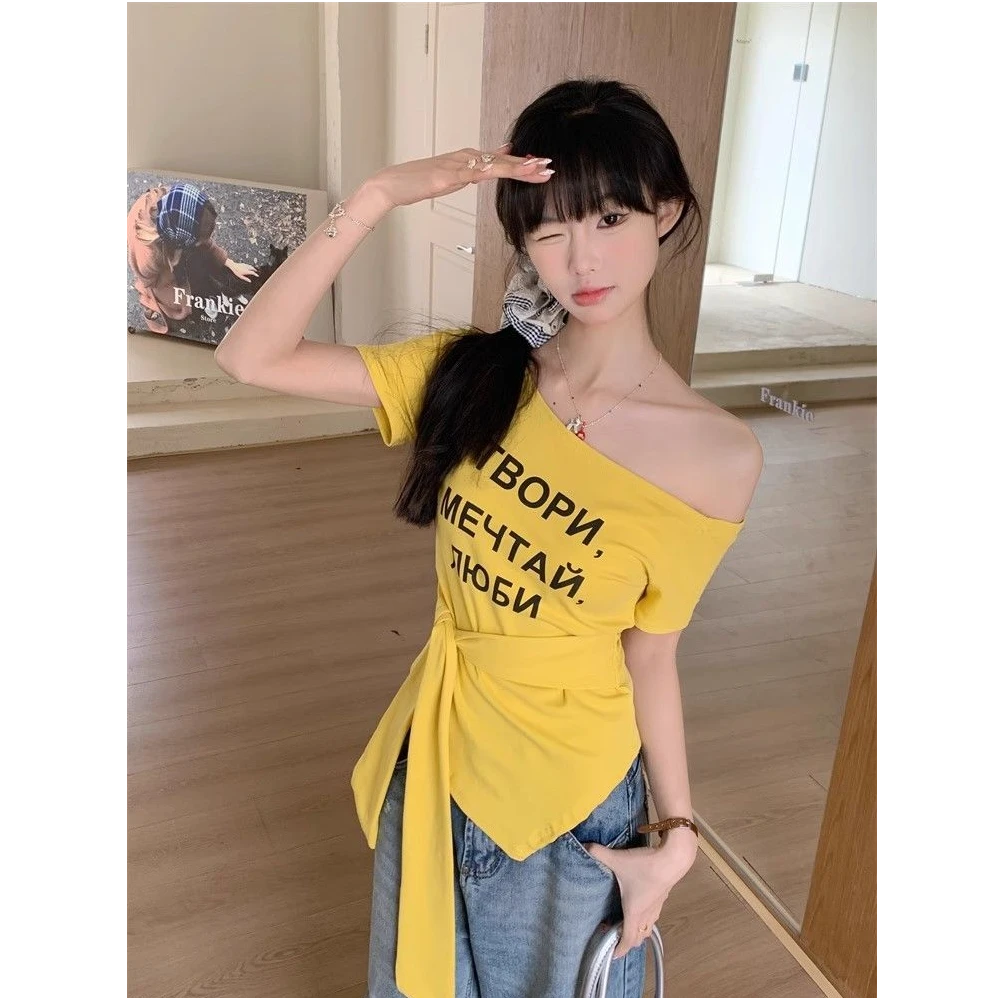 爆款夏季纯棉纯欲辣妹气质绑带一字领短袖T恤女收腰显瘦露肩上衣