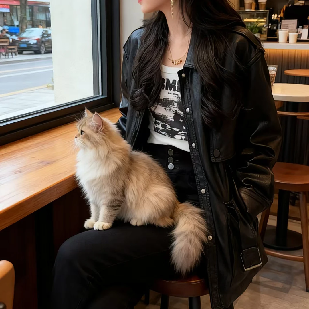 【大麦】PY03高级感黑色女2025秋季韩版收腰显瘦流行机车外套