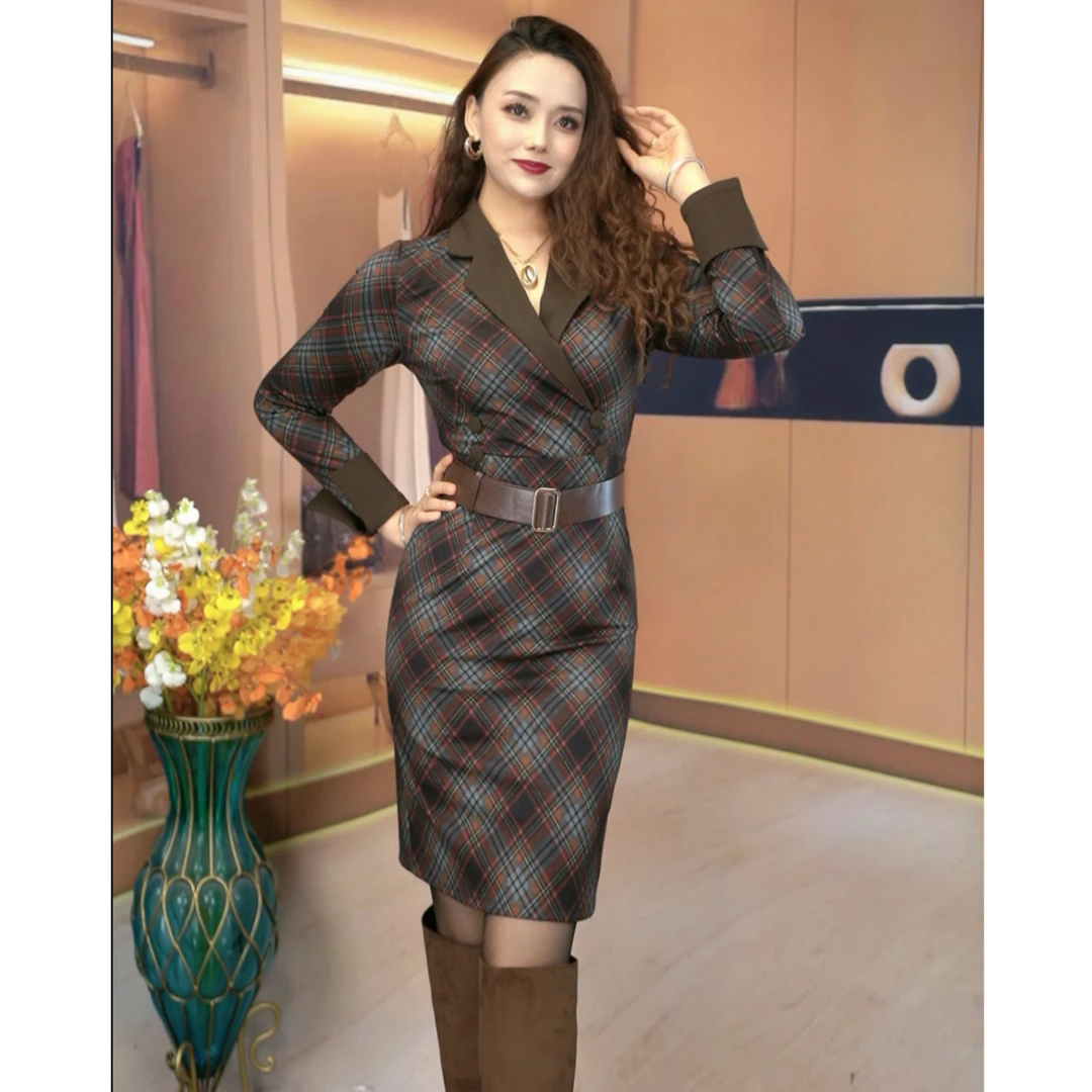 [咖啡色格子短裙]2025年新款咖色格子显瘦长袖时尚气质短裙送腰带