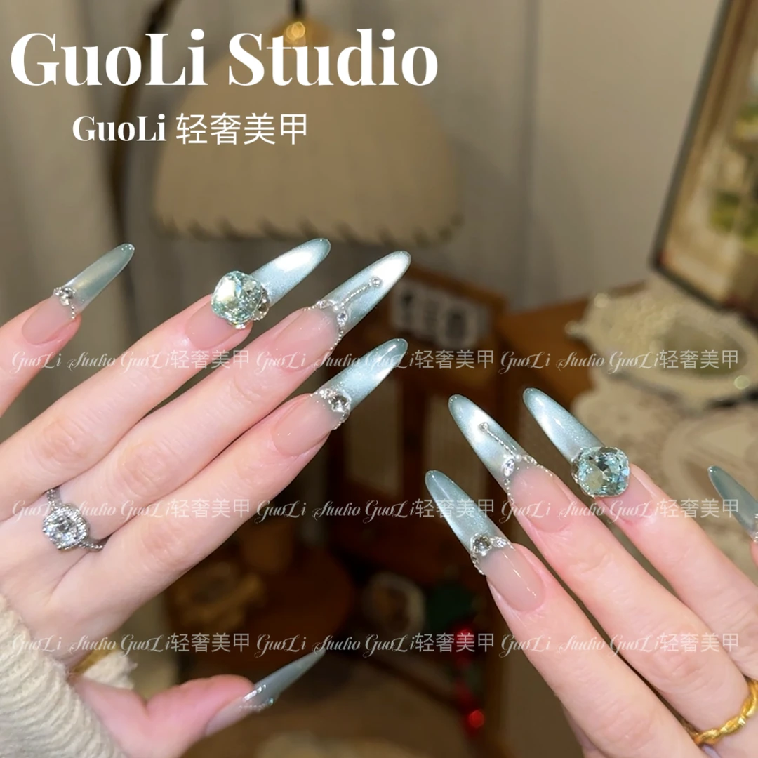 《知春》GuoLi纯手工穿戴甲春夏纯欲气质气质女神爆闪堆钻显白猫眼i